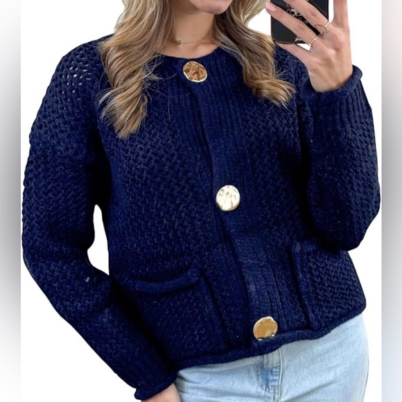 Sweaters - Navy Blue Women's Sweater with Gold Buttons
